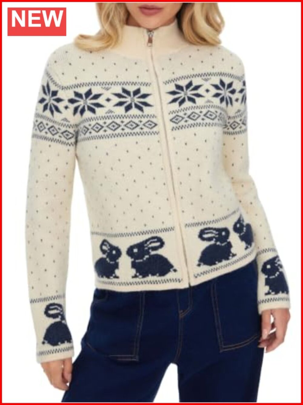 Fair Isle Rabbit Motif Zip Up Knit Cardigan Stand Collar Jacquard Sweater